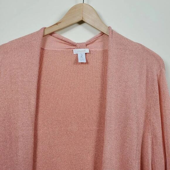 Chicos Open Front Cardigan Peach Metallic Women Size L Long Sleeve Lightweight - Picture 2 of 7